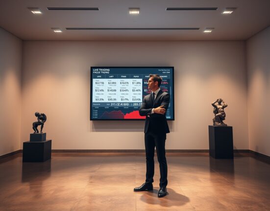 A person in a gallery viewing a screen displaying live trading prices for artworks