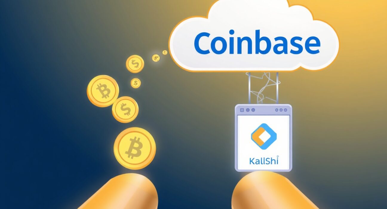 Cartoon showing secure Kalshi Base deposits, illustrating seamless USDC integration on a prediction market platform.