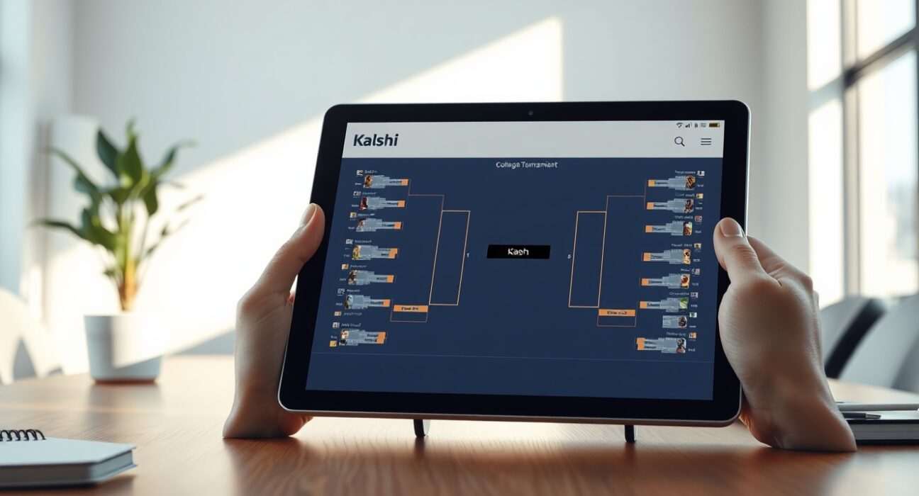 Kalshi's $1 billion college basketball bracket prediction contest displayed on a digital tablet.