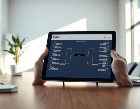 Kalshi's $1 billion college basketball bracket prediction contest displayed on a digital tablet.