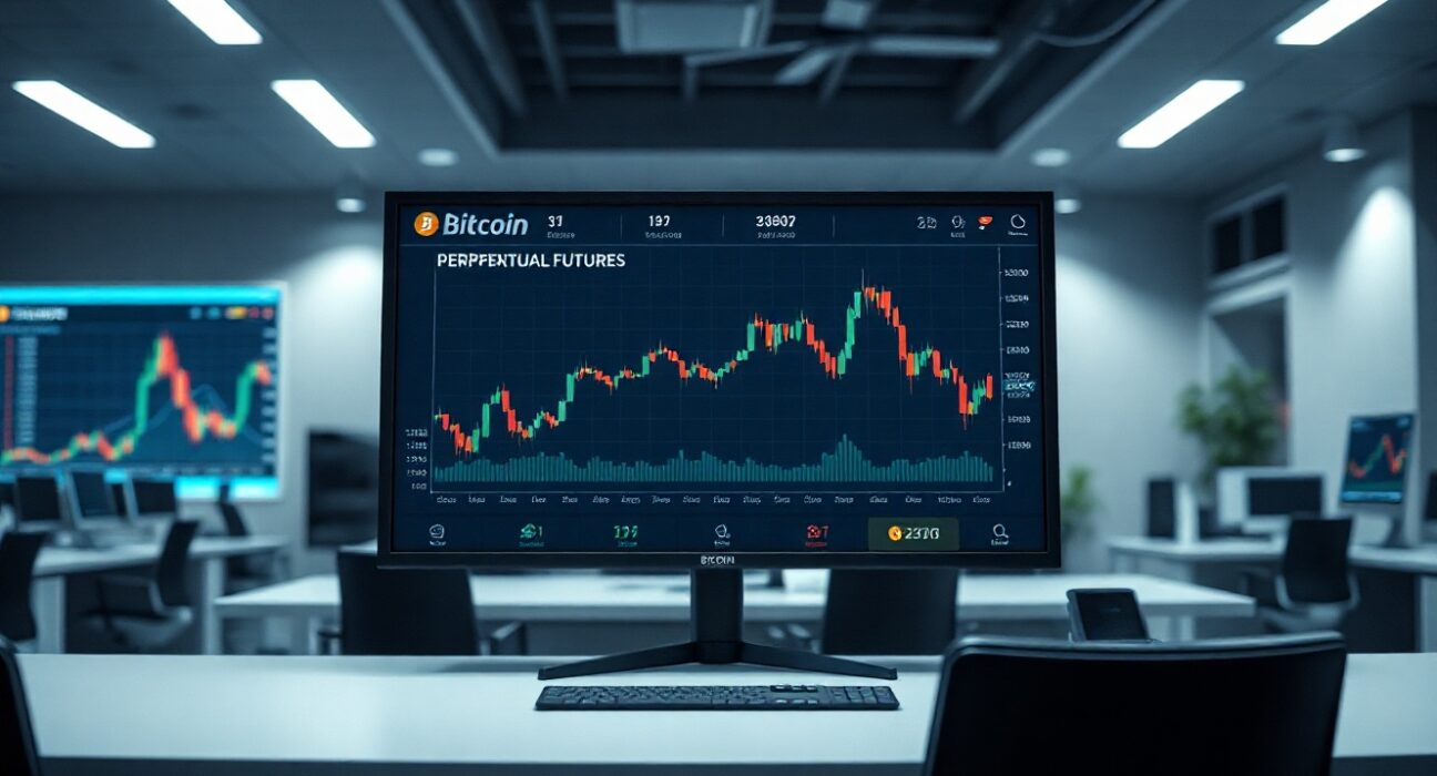 Trading screen displaying Bitcoin perpetual futures contract interface on a professional trading desk