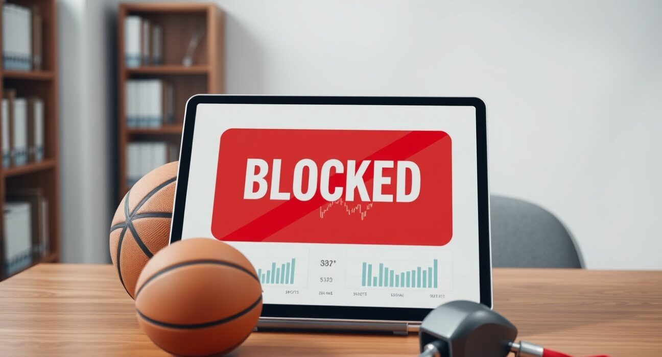 Kalshi prediction market interface blocking sports insider trading on a tablet with sports equipment.