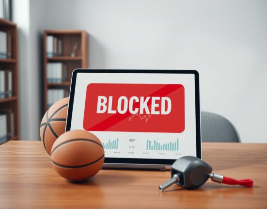 Kalshi prediction market interface blocking sports insider trading on a tablet with sports equipment.