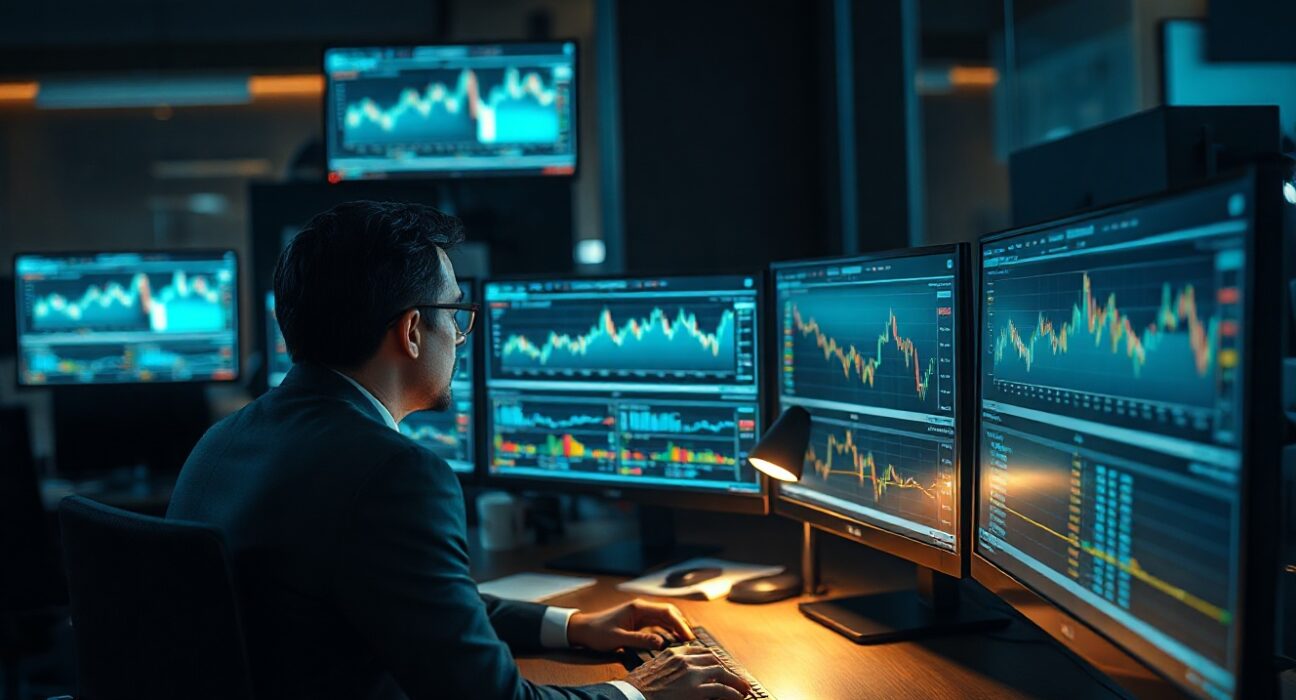 Trader using a Bloomberg Terminal-style interface on multiple monitors in a modern trading office