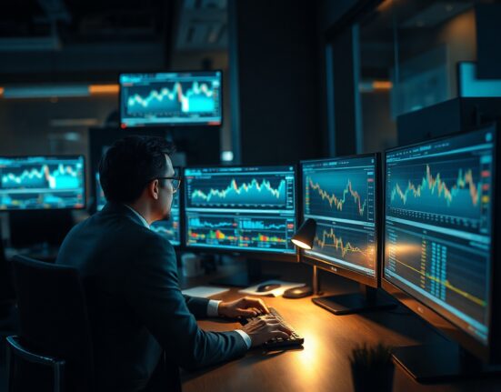 Trader using a Bloomberg Terminal-style interface on multiple monitors in a modern trading office