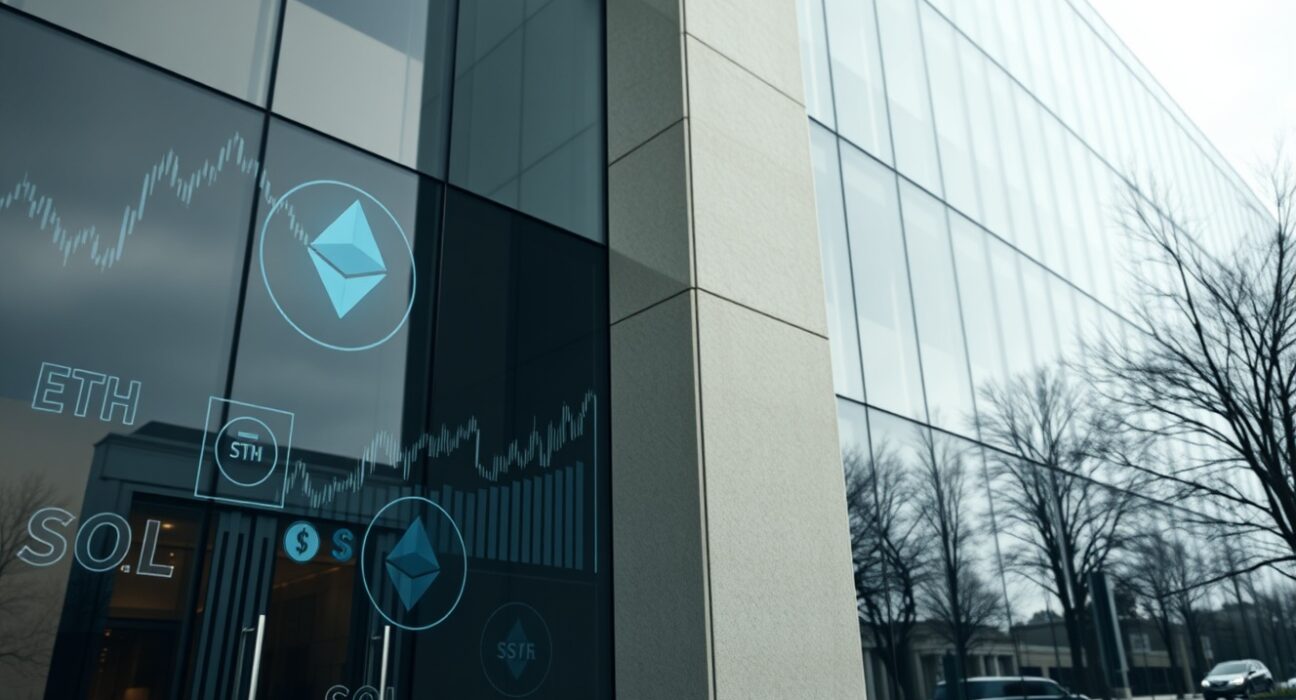 Exterior of a US regulatory building with digital crypto symbols reflecting on glass facade