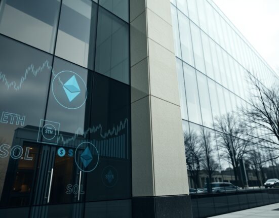 Exterior of a US regulatory building with digital crypto symbols reflecting on glass facade