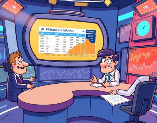 Kalshi partners with CNN to bring prediction market data to television news broadcasting in a vibrant cartoon studio scene.