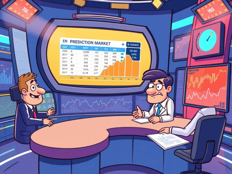Kalshi partners with CNN to bring prediction market data to television news broadcasting in a vibrant cartoon studio scene.