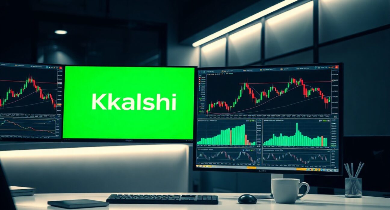Trading desk monitors showing Kalshi platform and crypto charts