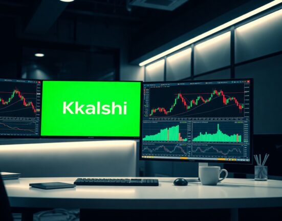 Trading desk monitors showing Kalshi platform and crypto charts