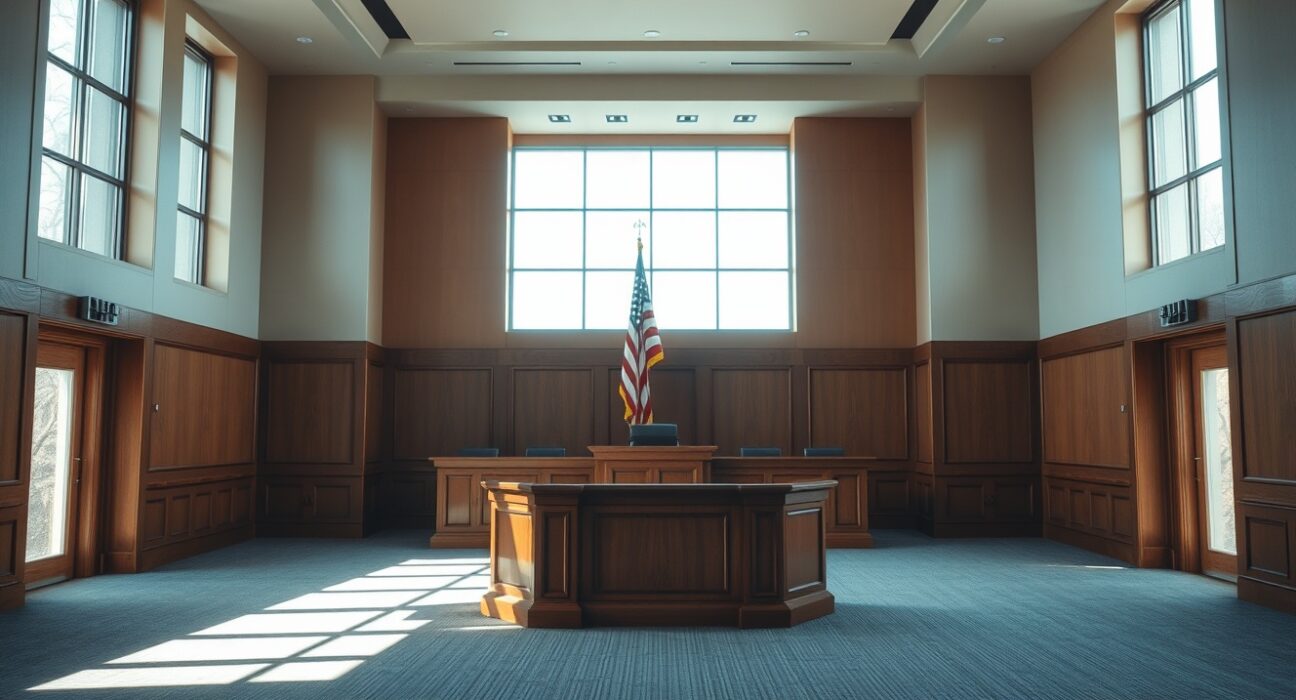 Empty courtroom with judge's bench and American flag, symbolizing legal ruling on Kalshi