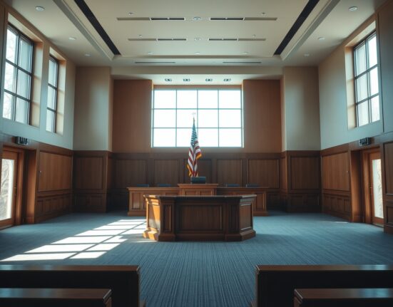 Empty courtroom with judge's bench and American flag, symbolizing legal ruling on Kalshi