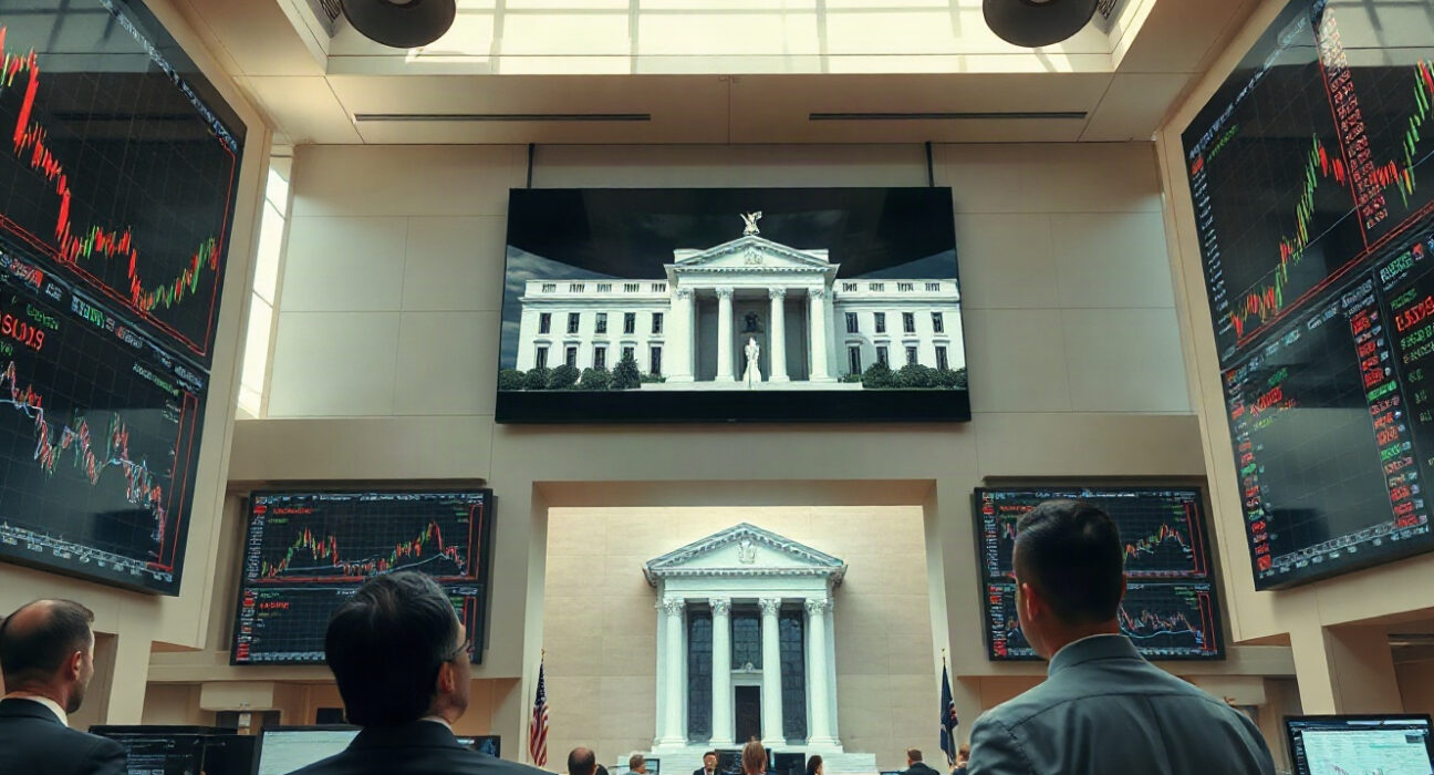 Traders monitoring Federal Reserve rate probabilities on digital screens at a financial trading floor