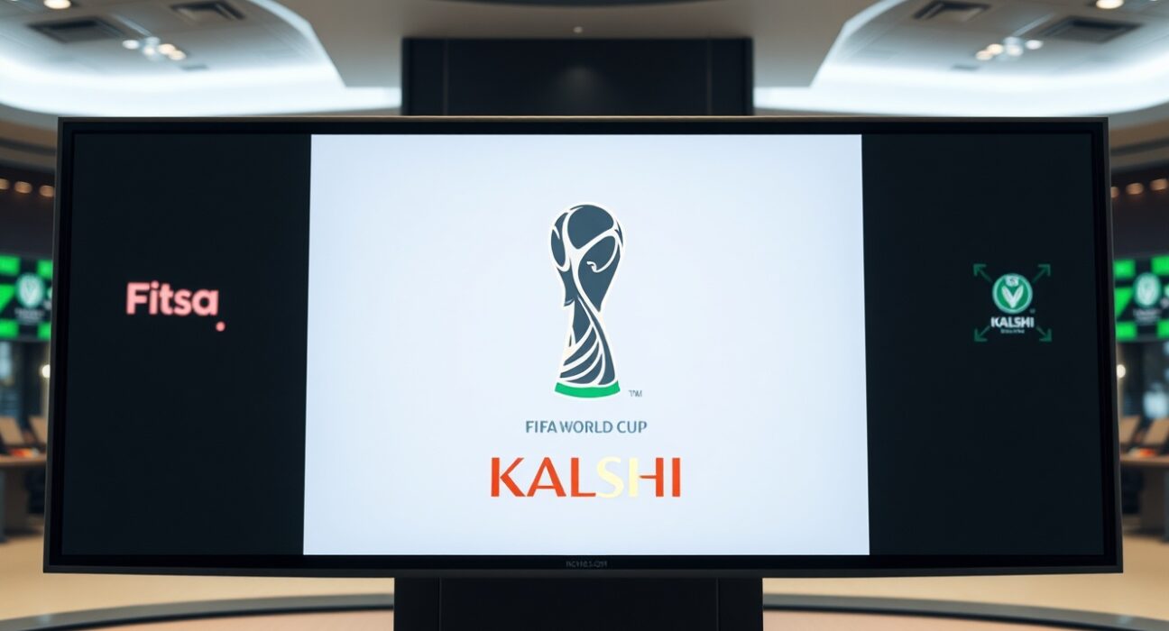 Digital display with FIFA World Cup trophy silhouette and Kalshi branding in a trading room setting