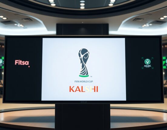 Digital display with FIFA World Cup trophy silhouette and Kalshi branding in a trading room setting