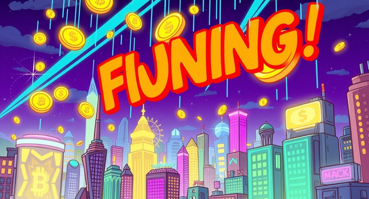 Kalshi funding success depicted as a vibrant cartoon of coins raining on a futuristic financial hub