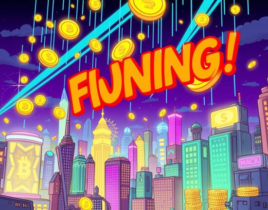 Kalshi funding success depicted as a vibrant cartoon of coins raining on a futuristic financial hub