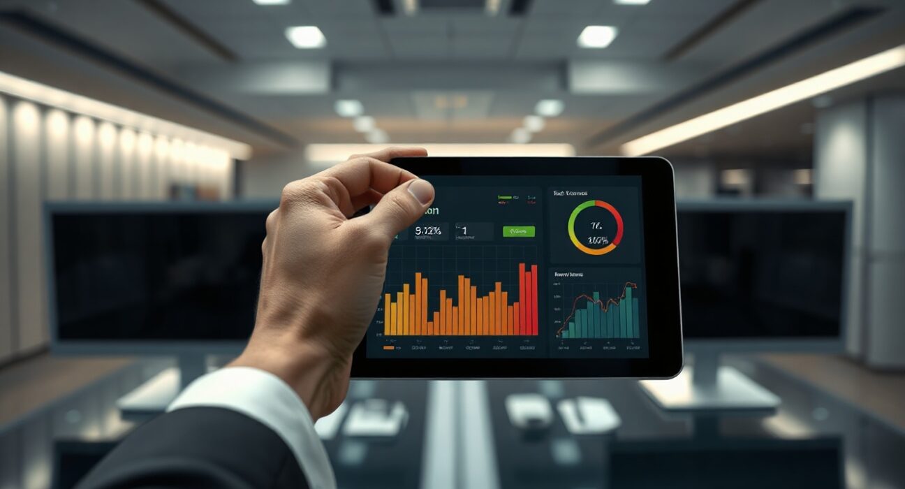 Kalshi risk assessment dashboard on a tablet in a corporate office setting