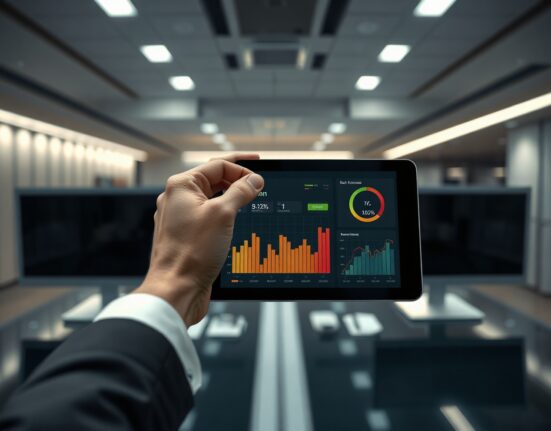 Kalshi risk assessment dashboard on a tablet in a corporate office setting