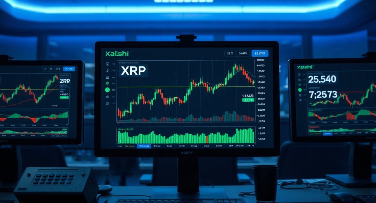 Professional trading desk with monitors showing XRP price charts and financial data