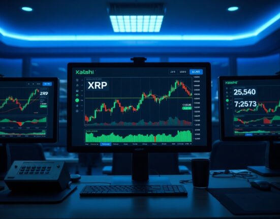 Professional trading desk with monitors showing XRP price charts and financial data