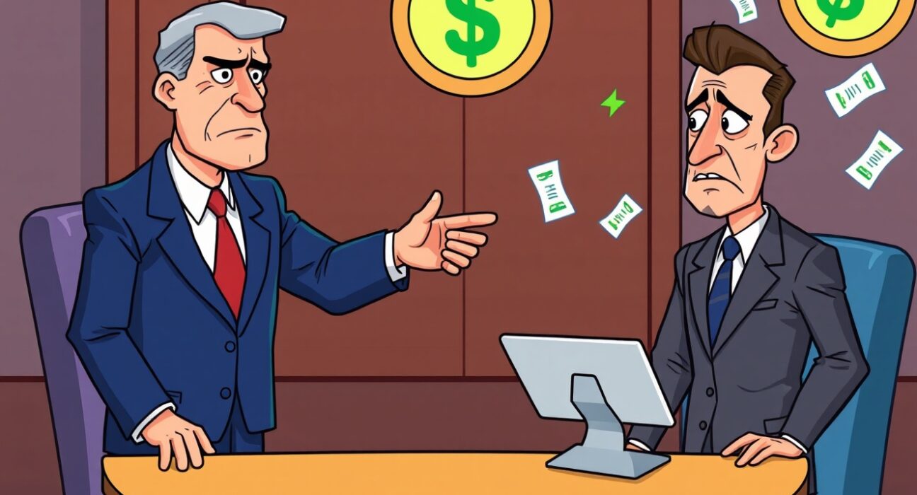 Cartoon showing a legal dispute over a prediction market, highlighting the ongoing Kalshi lawsuit.