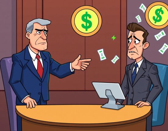 Cartoon showing a legal dispute over a prediction market, highlighting the ongoing Kalshi lawsuit.