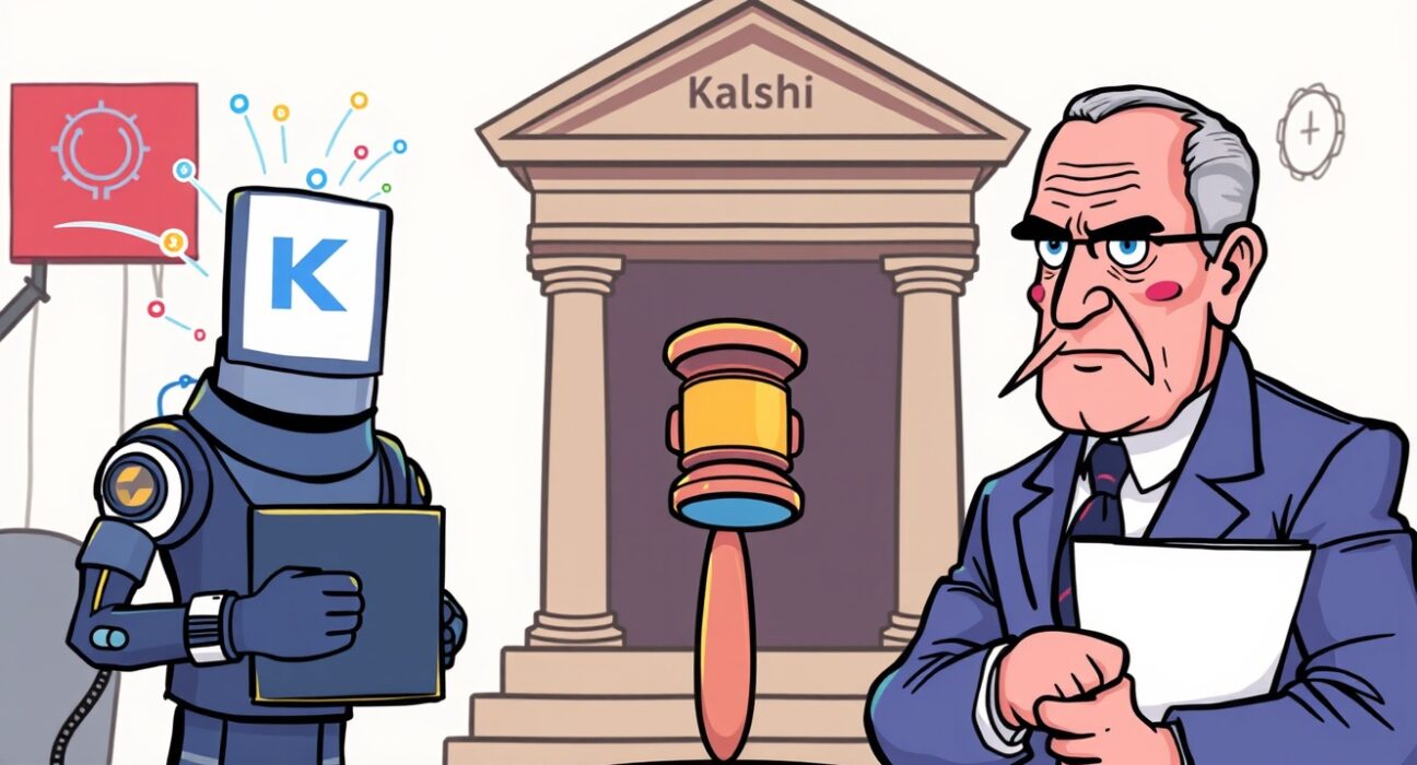 A cartoon illustration of a legal dispute between a decentralized prediction market and a state regulator, highlighting the Kalshi lawsuit over illegal gambling claims.
