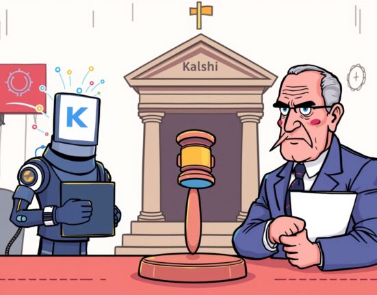 A cartoon illustration of a legal dispute between a decentralized prediction market and a state regulator, highlighting the Kalshi lawsuit over illegal gambling claims.