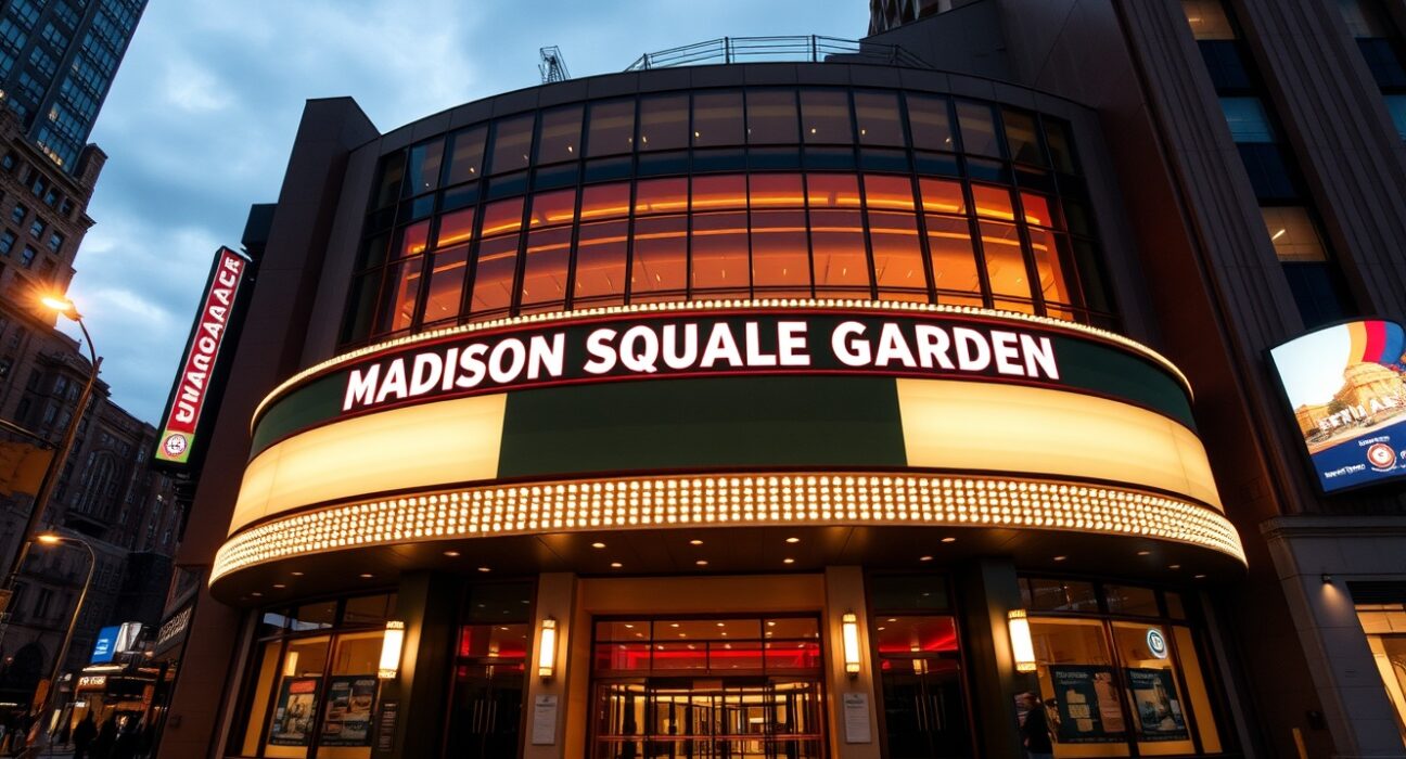 Exterior view of Madison Square Garden arena in New York City at dusk