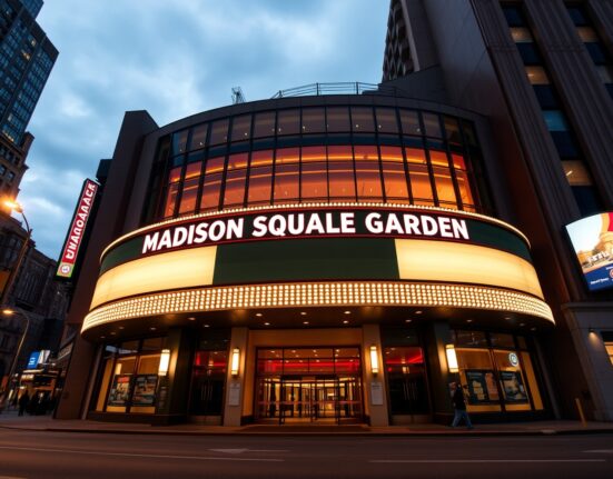 Exterior view of Madison Square Garden arena in New York City at dusk