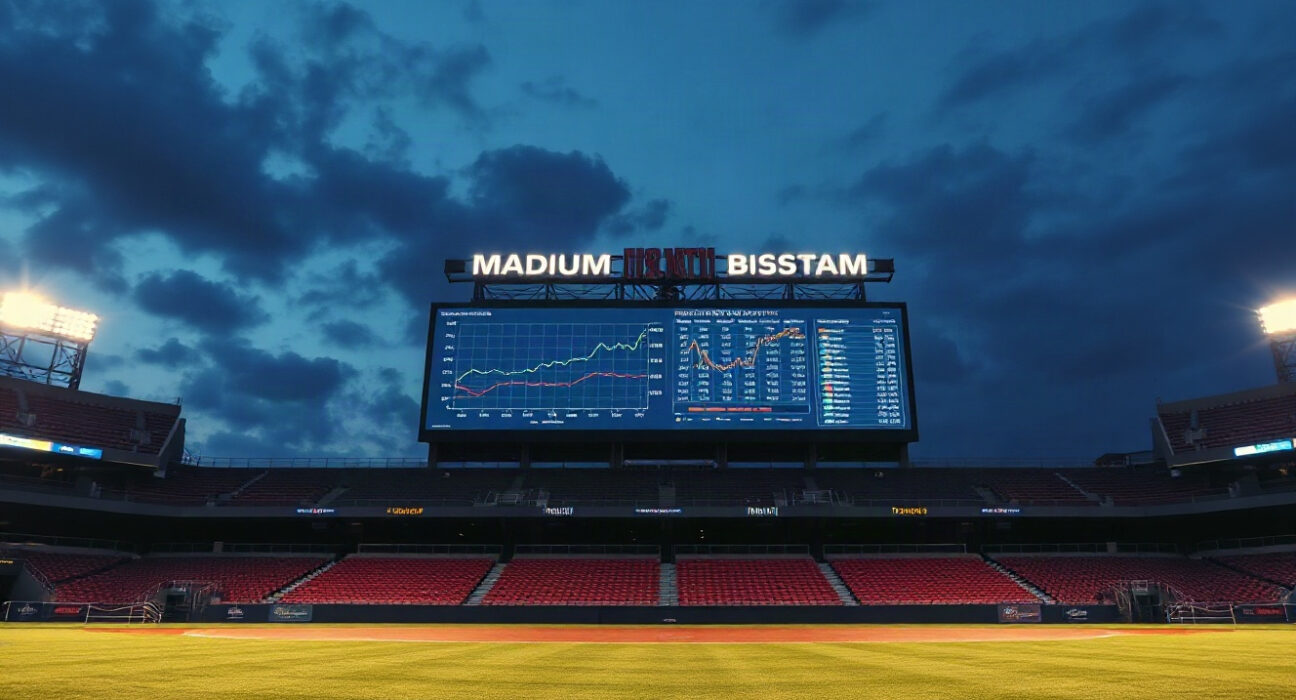 Baseball stadium with LED billboard displaying trading charts, representing Kalshi's MLB sponsorships