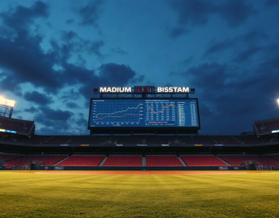 Baseball stadium with LED billboard displaying trading charts, representing Kalshi's MLB sponsorships