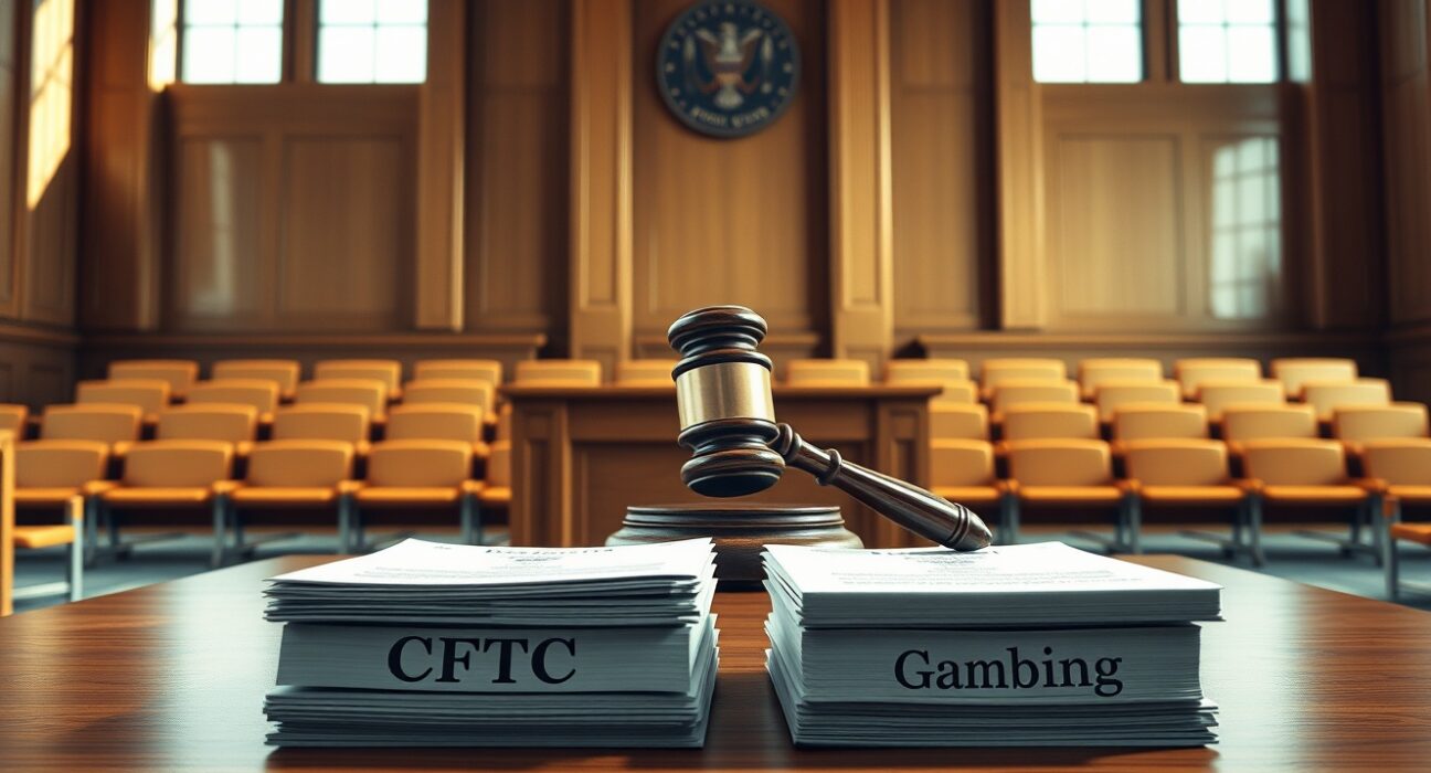 Courtroom scene symbolizing the Kalshi vs Nevada legal battle over prediction market regulation.