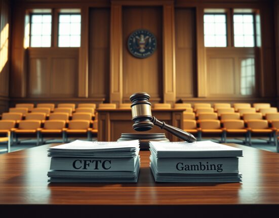 Courtroom scene symbolizing the Kalshi vs Nevada legal battle over prediction market regulation.