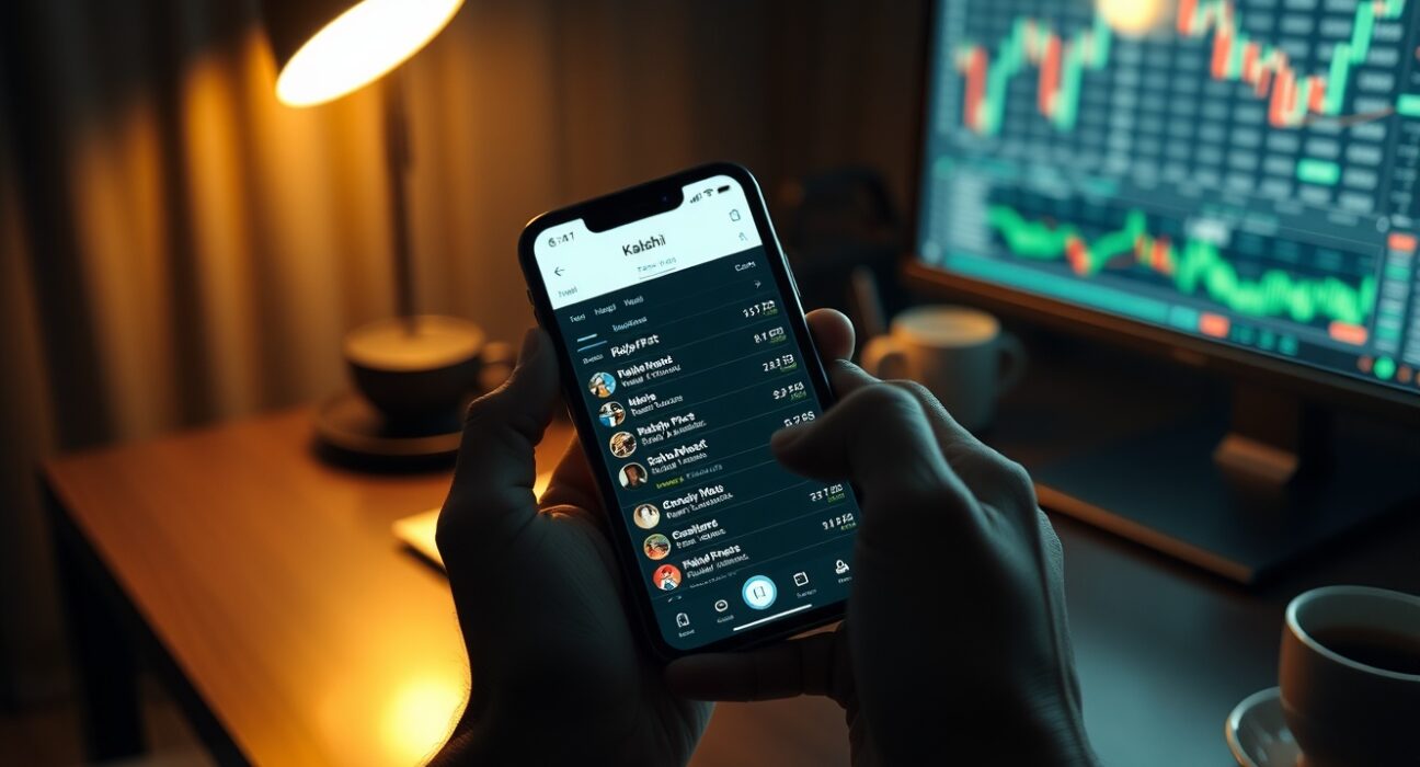 Person holding a smartphone showing Kalshi parlay betting app with multiple wagers