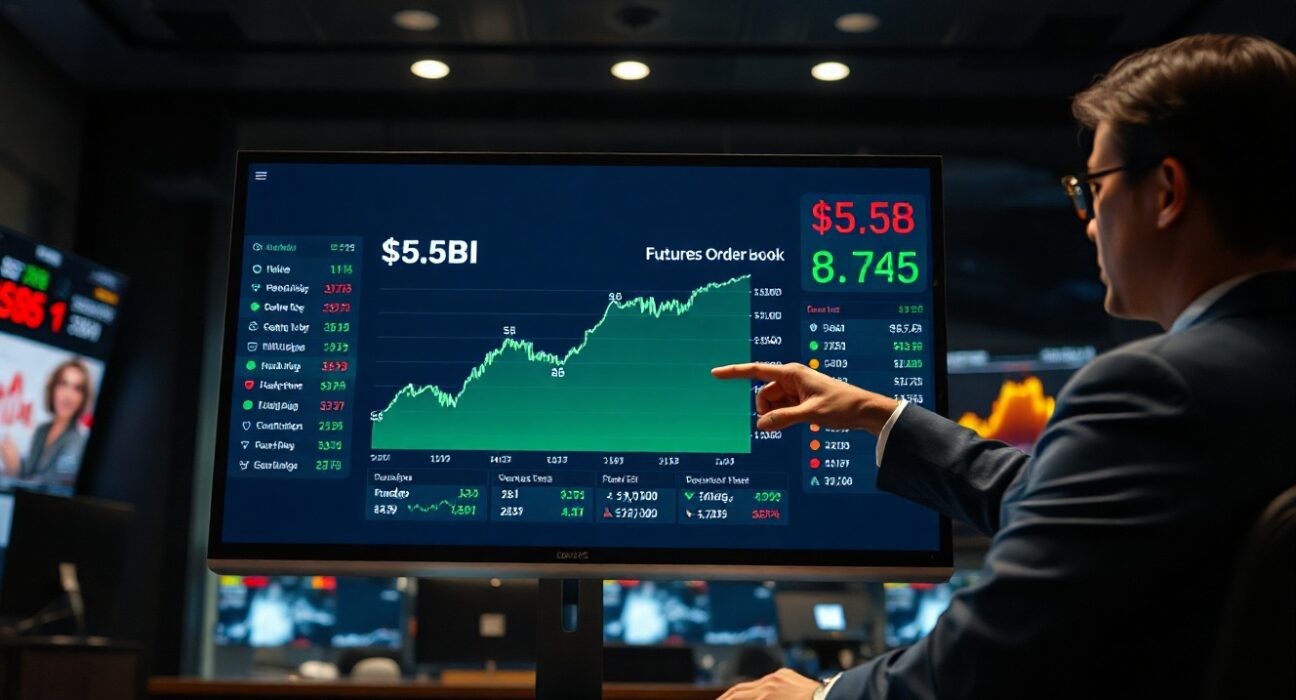 Professional trader monitoring Kalshi perpetual futures trading dashboard with $5.5B volume chart
