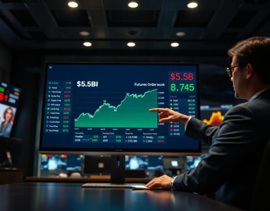 Professional trader monitoring Kalshi perpetual futures trading dashboard with $5.5B volume chart