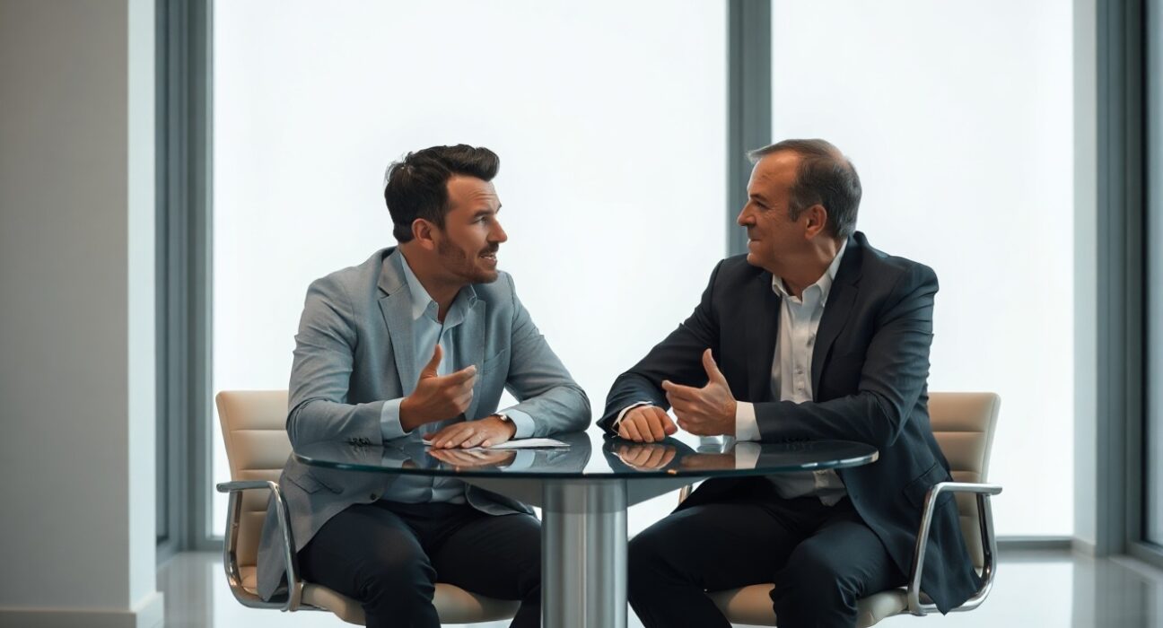 Two business executives in a modern office engaged in a serious discussion about prediction market competition