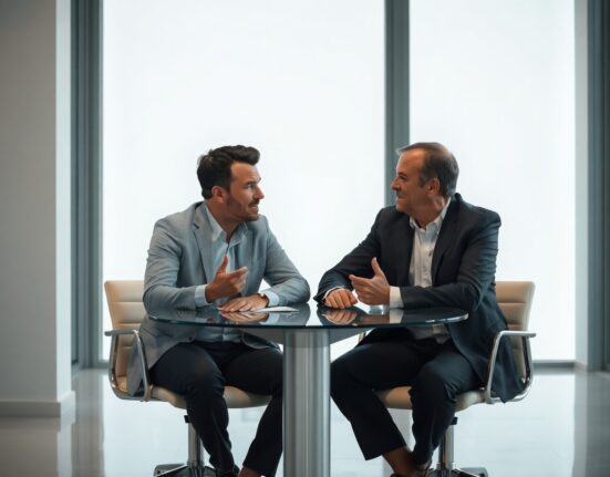 Two business executives in a modern office engaged in a serious discussion about prediction market competition