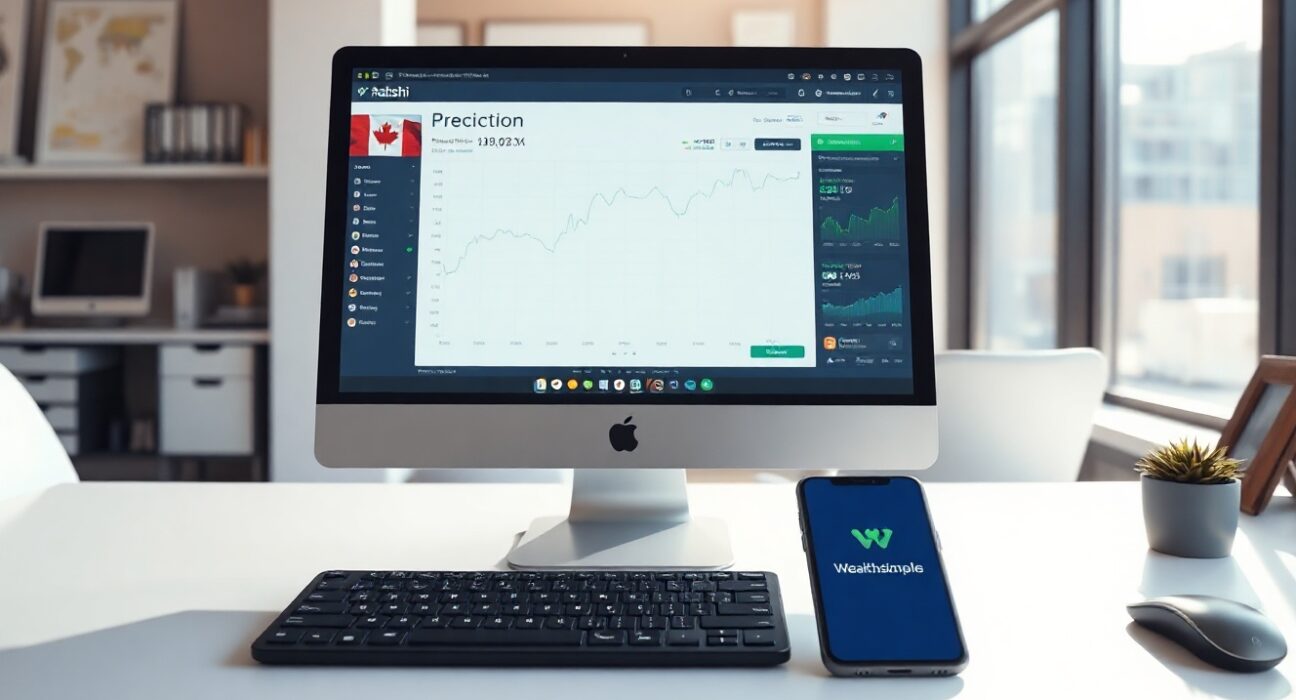 A computer monitor showing a Kalshi prediction market interface with a Canadian flag icon, next to a smartphone displaying the Wealthsimple app.