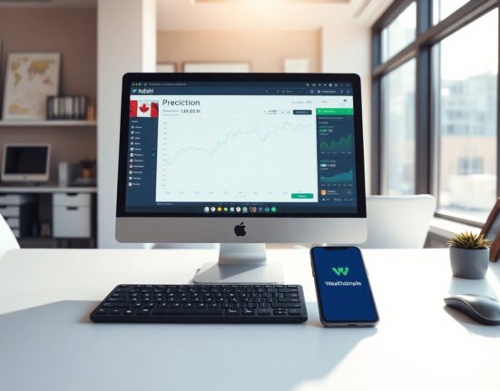 A computer monitor showing a Kalshi prediction market interface with a Canadian flag icon, next to a smartphone displaying the Wealthsimple app.