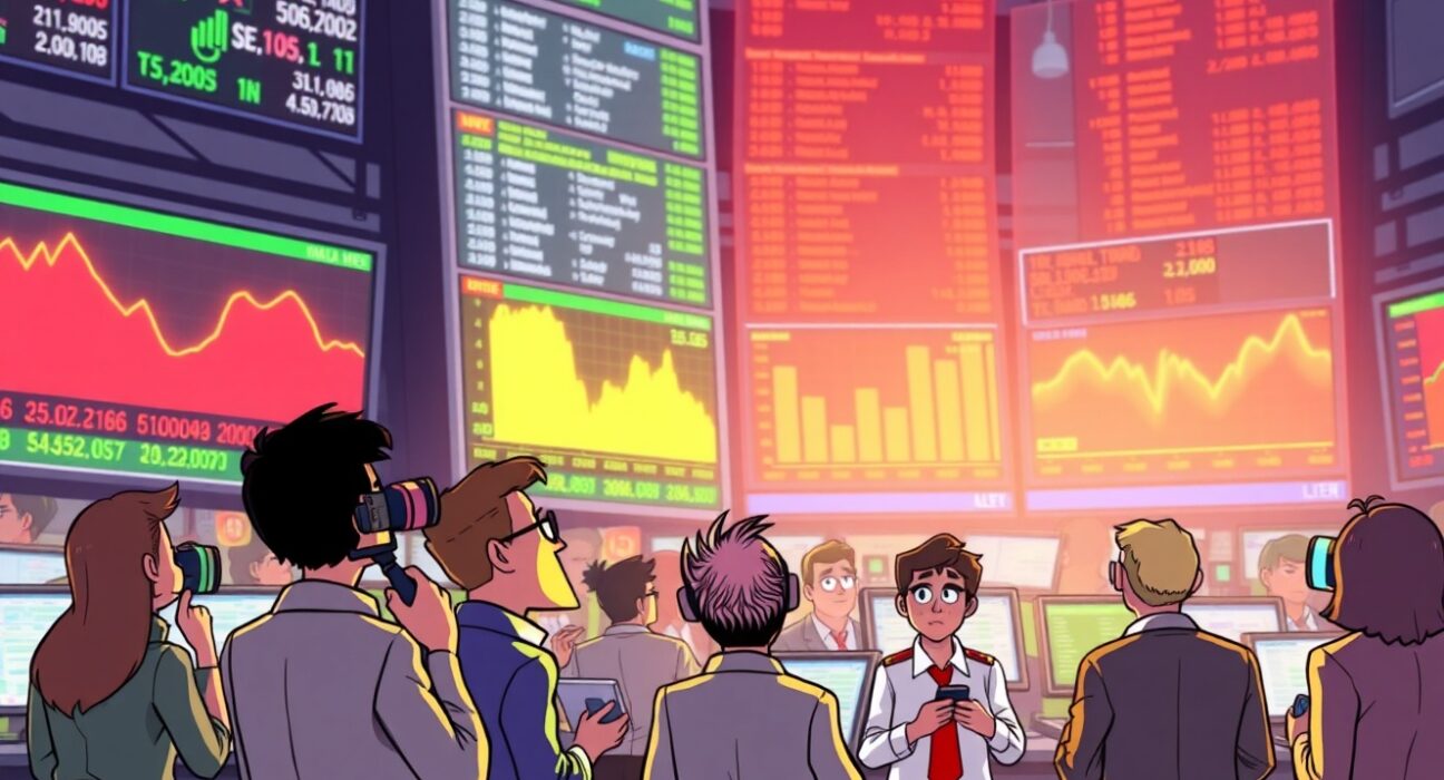 A vibrant cartoon illustrating the Kalshi prediction market partnership energizing financial news broadcasting.