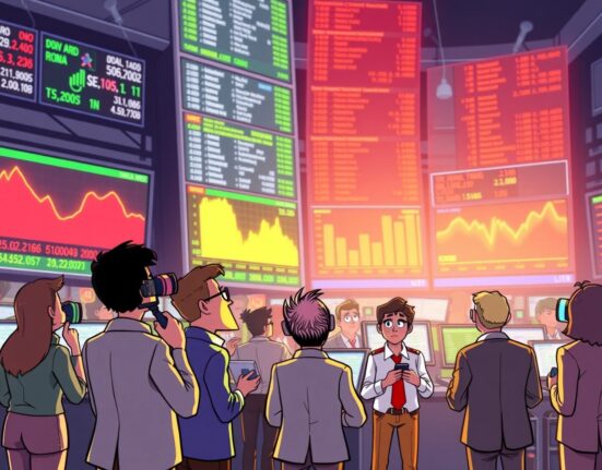 A vibrant cartoon illustrating the Kalshi prediction market partnership energizing financial news broadcasting.