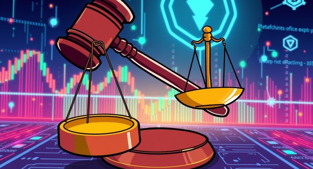 A cartoon illustration of a legal victory for the prediction market Kalshi, showing justice scales over a digital trading platform.