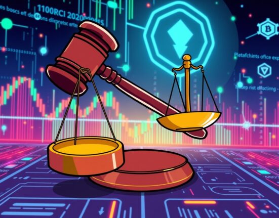 A cartoon illustration of a legal victory for the prediction market Kalshi, showing justice scales over a digital trading platform.