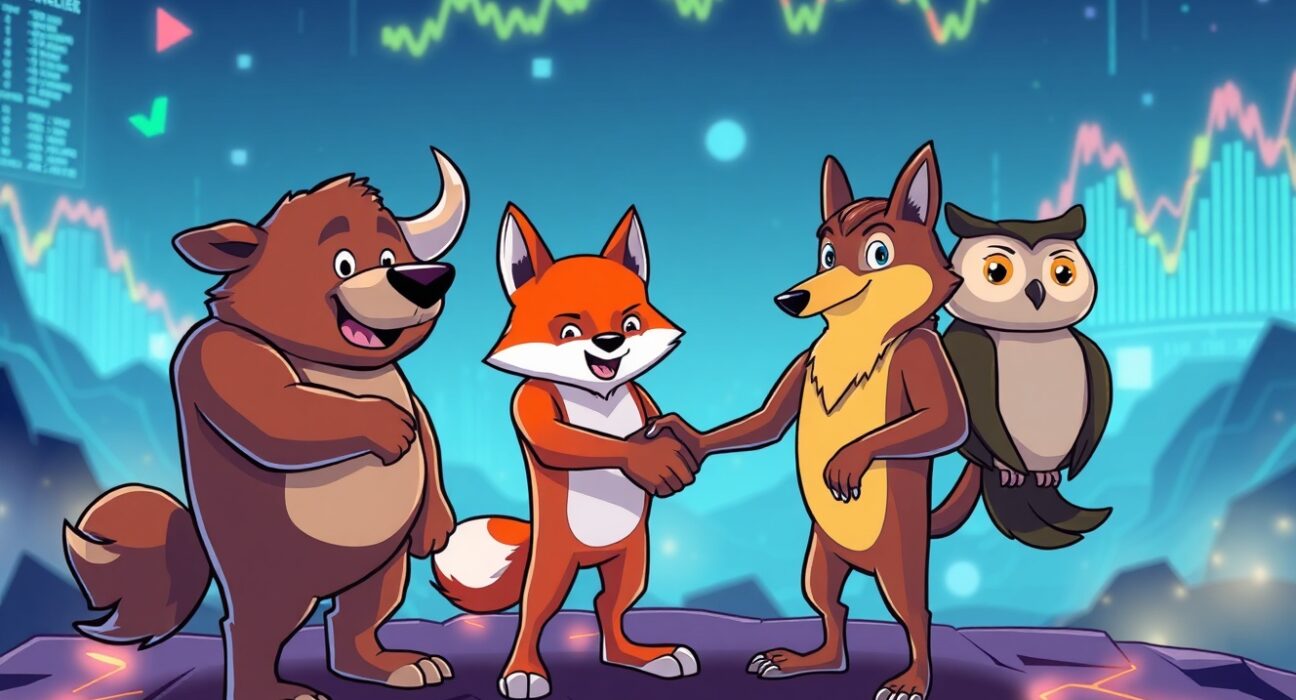 A vibrant cartoon illustration showing the collaborative power of the new prediction markets coalition.