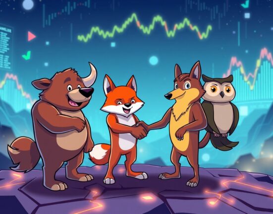 A vibrant cartoon illustration showing the collaborative power of the new prediction markets coalition.