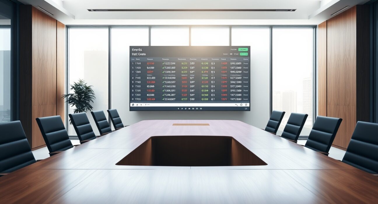 Modern corporate boardroom with a digital screen showing a prediction market interface.
